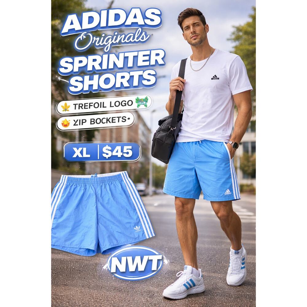 Adidas Originals Sprinter Shorts XL Blue Trefoil Y2K NWT